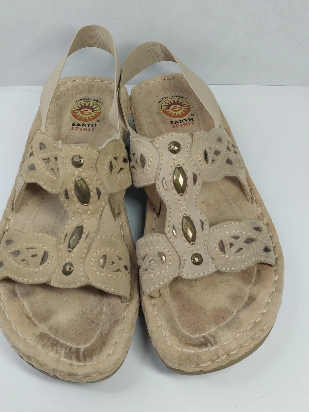 Earth Spirit 2000 Gelron Andi Sandal Tan Elastic Slingback Beaded Size 8.5 Boho - Picture 2 of 11